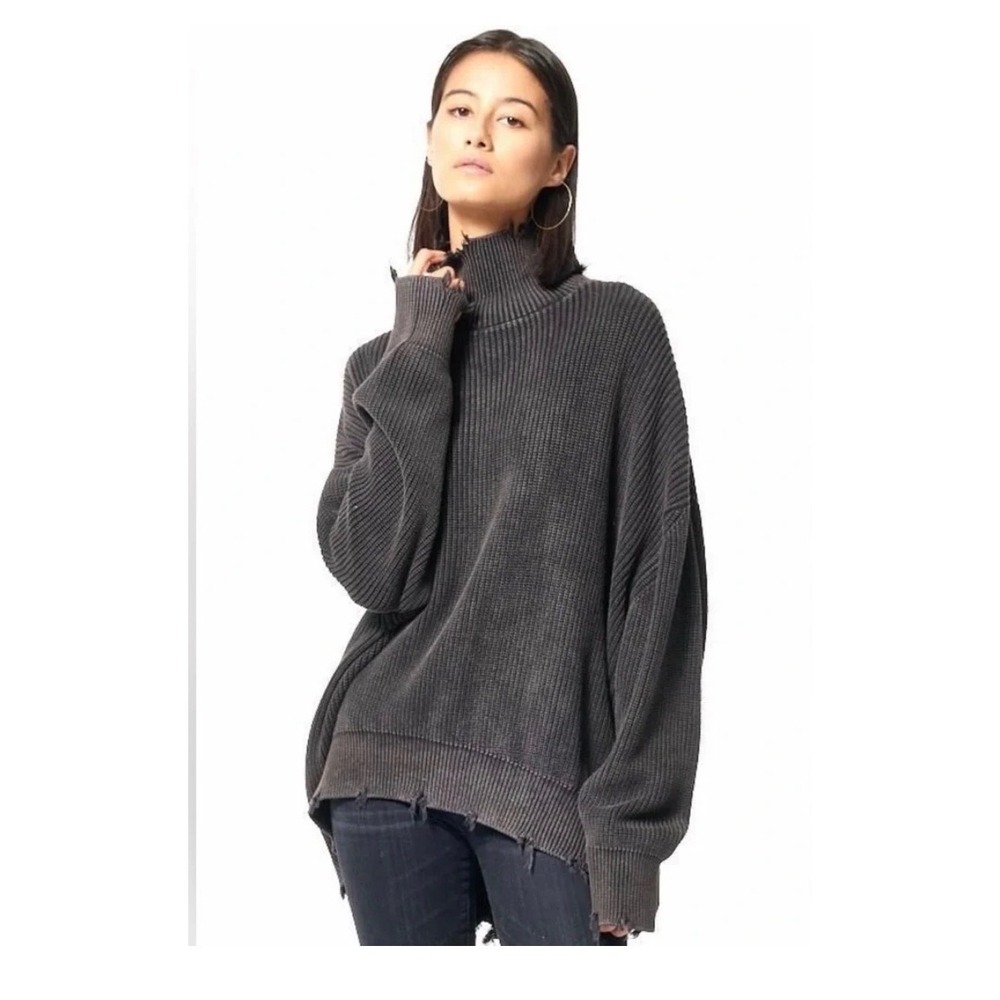 Young Fabulous & Broke Cameron Distressed Ribbed Turtleneck Sweater Gray S/M
